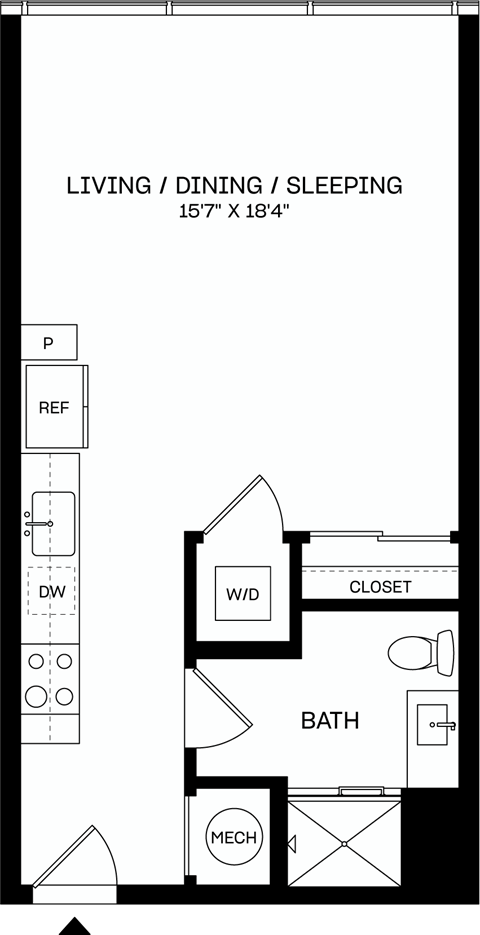 Floor plan for studio, 1 bath, 513 sqft