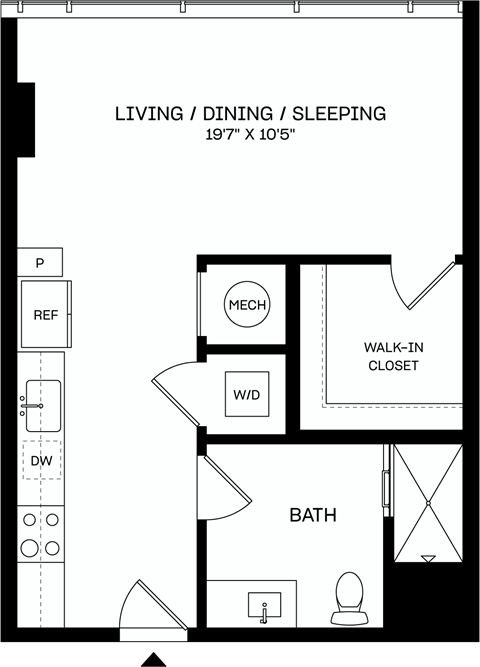 Floor plan for studio, 1 bath, 559 sqft