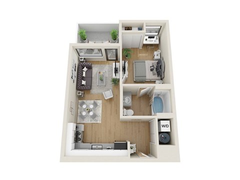 Floor plan for 1 bed, 1 bath, 607 sqft