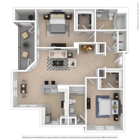Floor plan for 2 beds, 2 baths, 1077 sqft