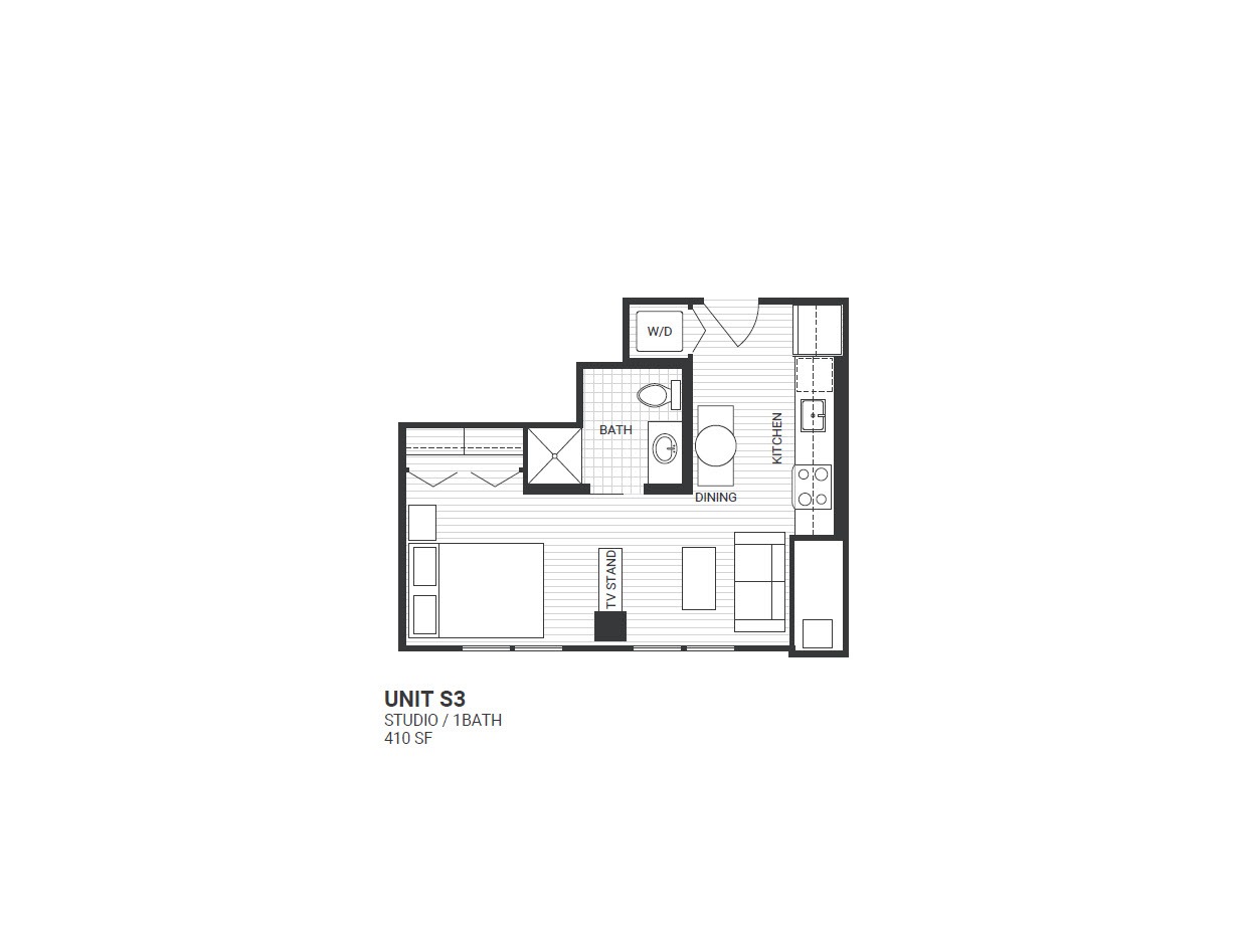 Floor plan for studio, 1 bath, 410 sqft