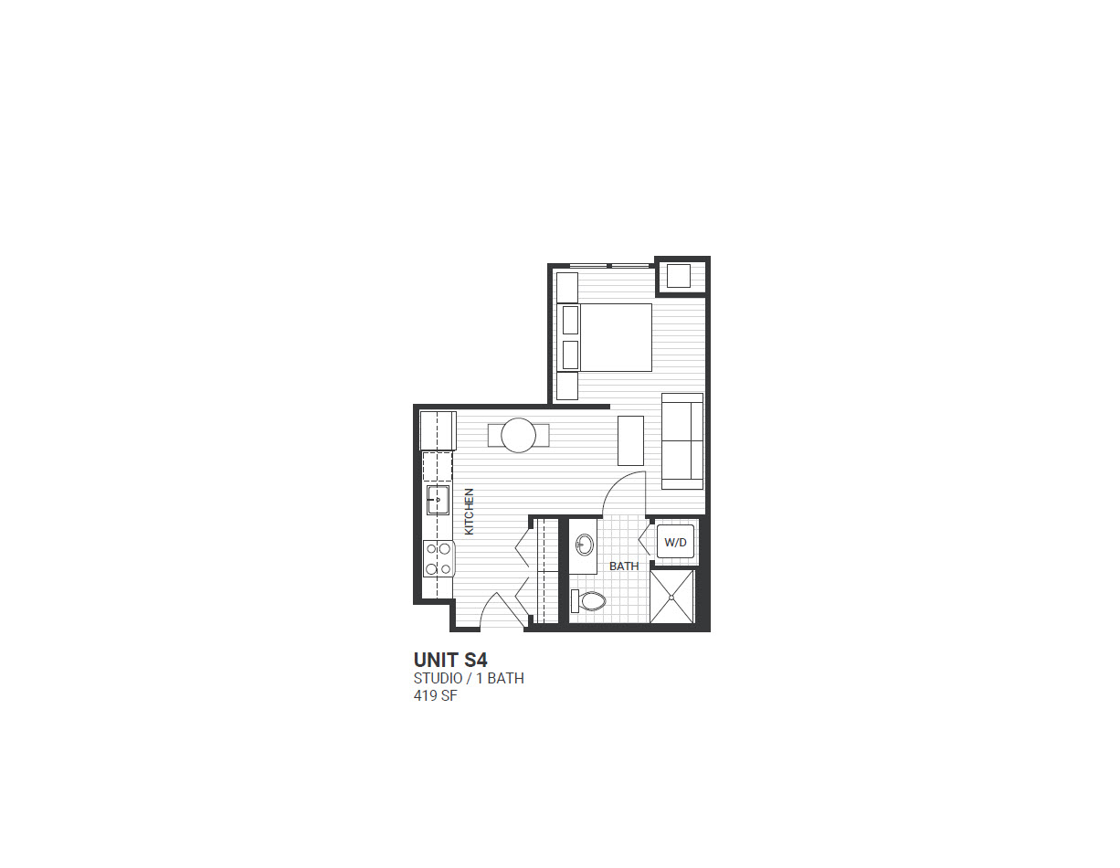 Floor plan for studio, 1 bath, 419 sqft