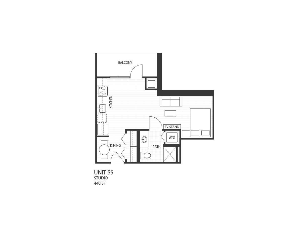 Floor plan for studio, 1 bath, 440 sqft