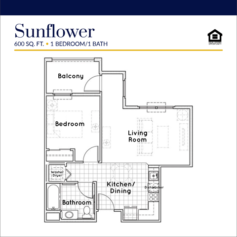 Floor plan for 1 bed, 1 bath, 600 sqft