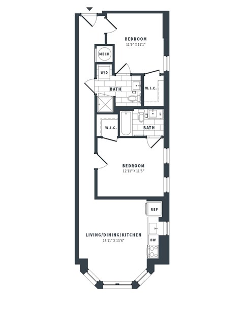 Floor plan for 2 beds, 2 baths, 895 sqft