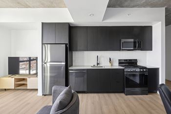 Modern kitchen with black cabinets and stainless steel appliances