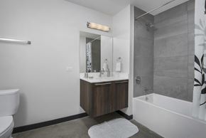 Chicago apartment for rent - A bathroom with a white toilet, a sink with a mirror above it, and a shower area.
