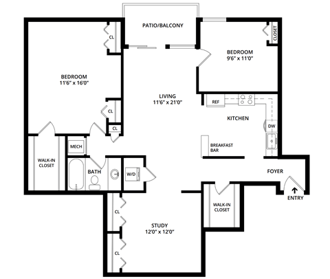 Floor plan for 2 beds, 1 bath, 1146 sqft