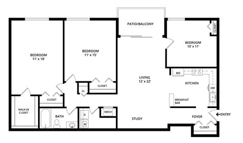 Floor plan for 3 beds, 1 bath, 1166 sqft