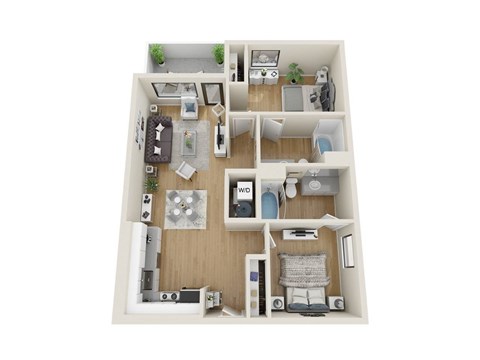 Floor plan for 2 beds, 2 baths, 940 sqft