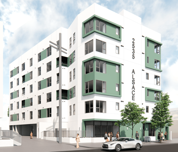 Los Angeles apartment for rent - A modern building with the word "ALSACE" on the side.