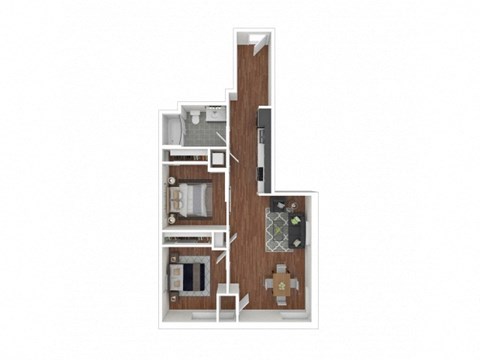 Floor plan for 2 beds, 1 bath, 887 sqft