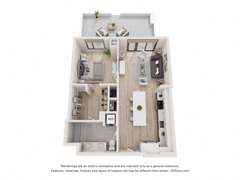 Floor plan for 1 bed, 1 bath, 809 sqft