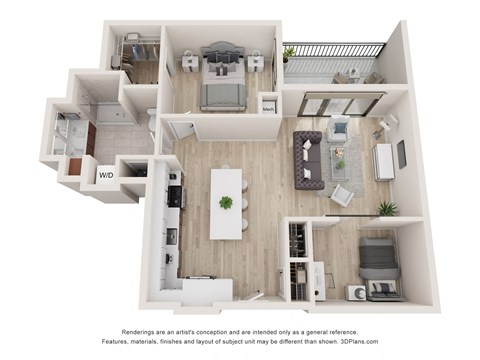 Floor plan for 1 bed, 1 bath, 935 sqft