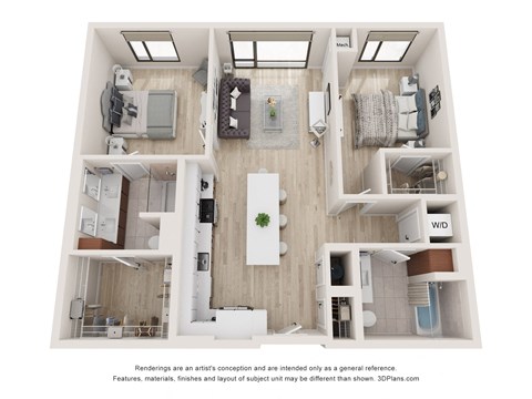 Floor plan for 2 beds, 2 baths, 1090 sqft