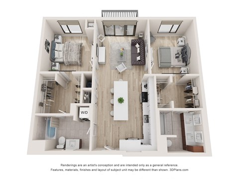 Floor plan for 2 beds, 2 baths, 1096 sqft