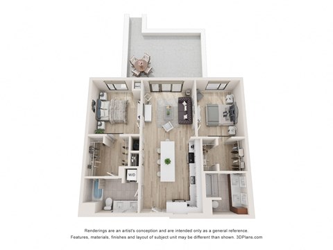 Floor plan for 2 beds, 2 baths, 1096 sqft