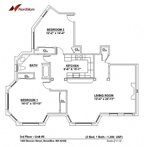 Floor plan for 2 beds, 1 bath, 1000 sqft