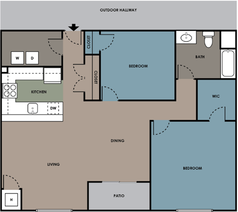 Floor plan for 2 beds, 1 bath, 1156 sqft