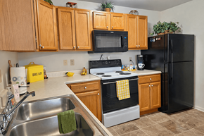 Sinking Spring apartment for rent - A kitchen with a black refrigerator and a black stove top oven.