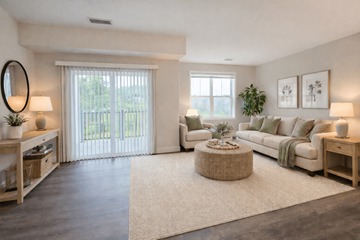 Sinking Spring apartment for rent - A living room with a large window, a sofa, a coffee table, and a side table with a lamp.