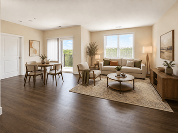 Coraopolis apartment for rent - A living room with a brown sofa, a coffee table, and a dining table with chairs.