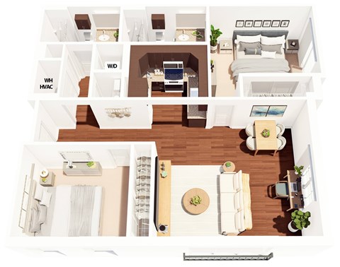Floor plan for 2 beds, 2 baths, 1077 sqft