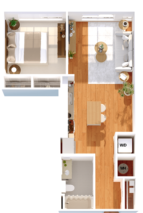 Floor plan for 1 bed, 1 bath, 657 sqft