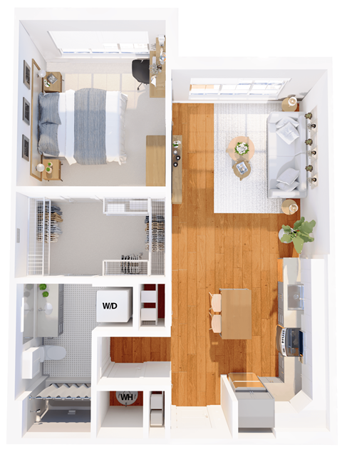 Floor plan for 1 bed, 1 bath, 732 sqft