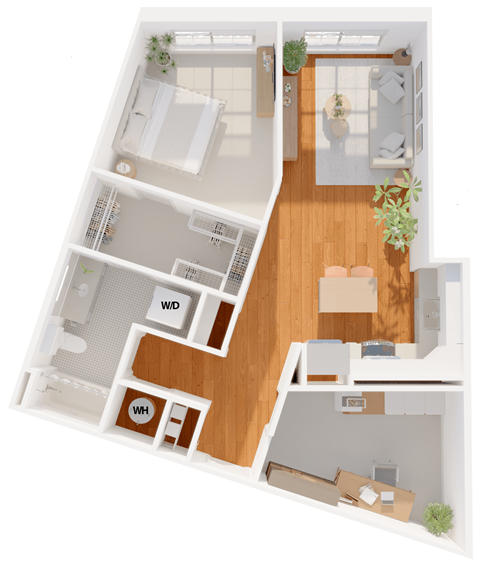 Floor plan for 1 bed, 1 bath, 836 sqft