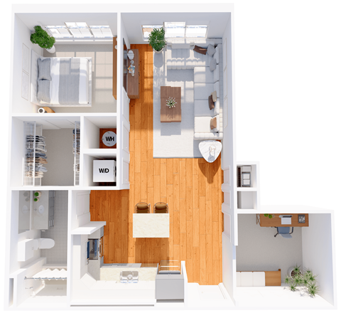 Floor plan for 1 bed, 1 bath, 888 sqft