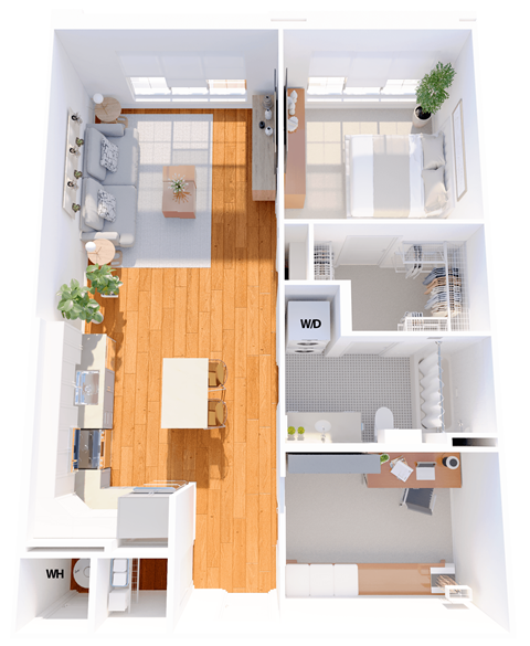 Floor plan for 1 bed, 1 bath, 857 sqft