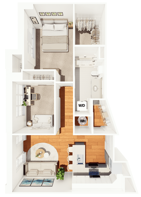 Floor plan for 2 beds, 1 bath, 864 sqft