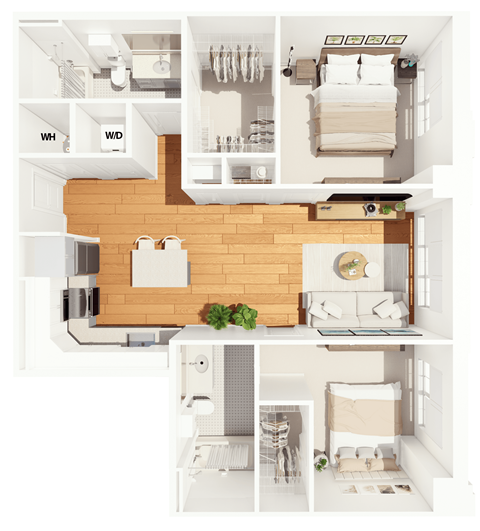 Floor plan for 2 beds, 2 baths, 1059 sqft