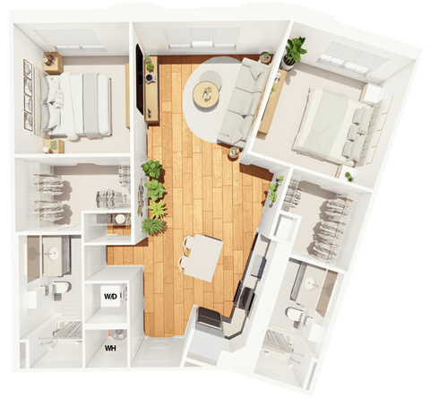 Floor plan for 2 beds, 2 baths, 1173 sqft
