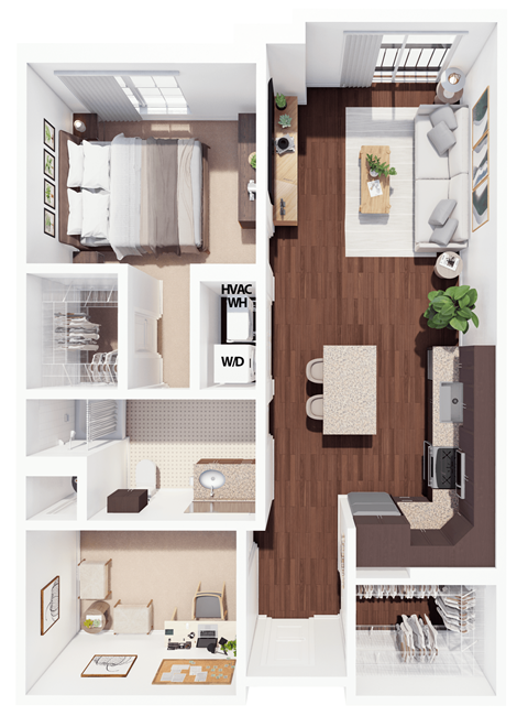 Floor plan for 1 bed, 1 bath, 858 sqft