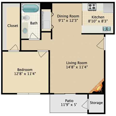 Floor plan for 1 bed, 1 bath, 720 sqft