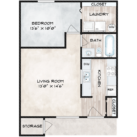 Floor plan for 1 bed, 1 bath, 572 sqft