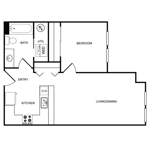 Floor plan for 1 bed, 1 bath, 572 sqft