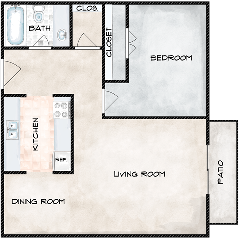 Floor plan for 1 bed, 1 bath, 650 sqft