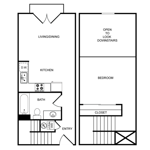 Floor plan for 1 bed, 1 bath, 605 sqft