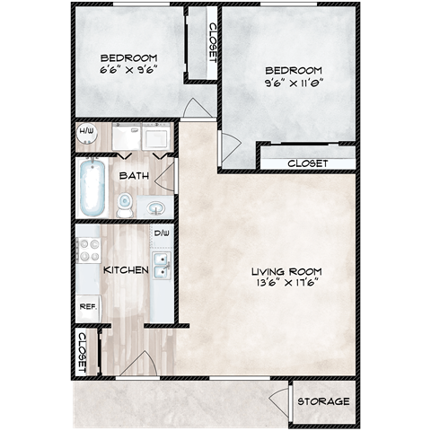 Floor plan for 2 beds, 1 bath, 704 sqft