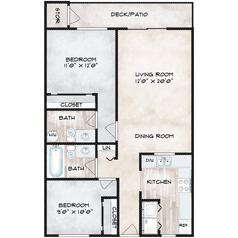 Floor plan for 2 beds, 1.5 baths, 816 sqft