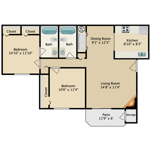 Floor plan for 2 beds, 2 baths, 930 sqft