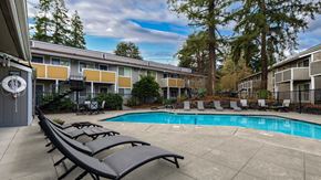 Bellevue apartment for rent - A pool surrounded by lounge chairs in front of apartment buildings.