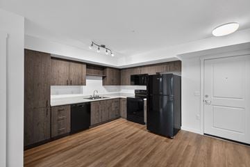 Kirkland apartment for rent - A modern kitchen with dark wood cabinets and a black refrigerator.