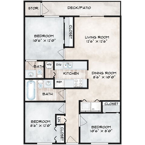 Floor plan for 3 beds, 1.5 baths, 884 sqft