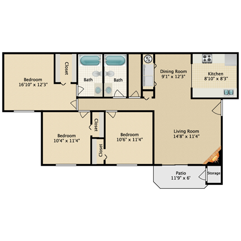Floor plan for 3 beds, 2 baths, 1130 sqft