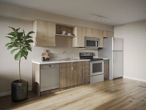 Seatac apartment for rent - A modern kitchen with wooden cabinets and stainless steel appliances.