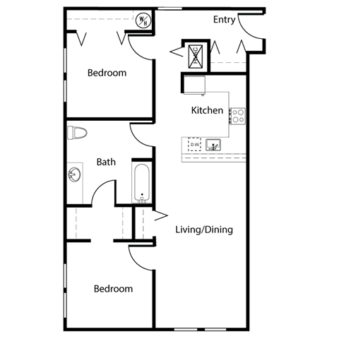 Floor plan for 2 beds, 1 bath, 858 sqft